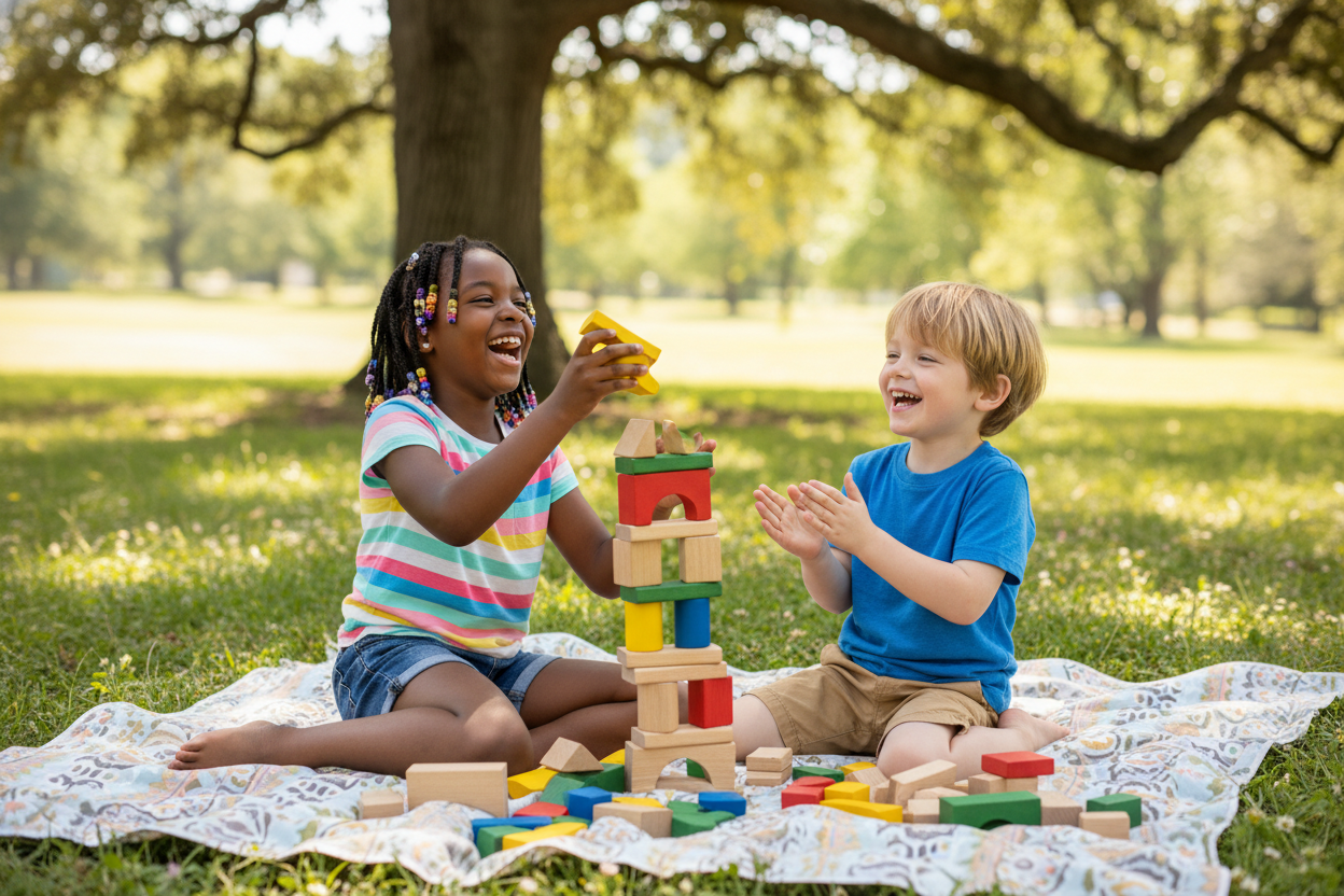 a black kid playing with a white kid 